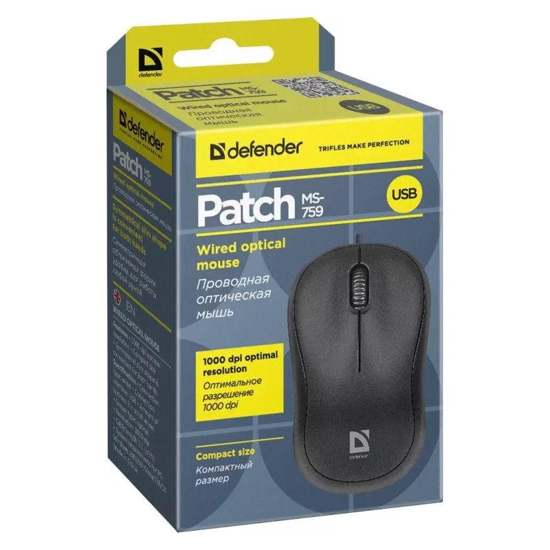 Mouse ottico con filo DEFENDER PATCH MS-759 USB Type-A, ambidestro, 1000 DPI, nero