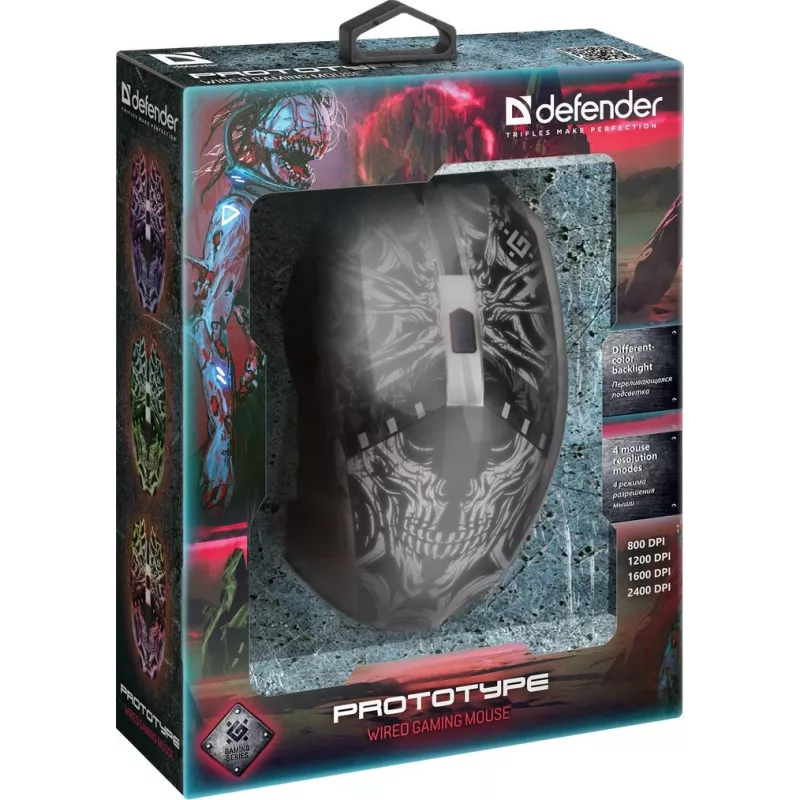 Defender PROTOTYPE GM-670L mouse da gaming, ottico, 2400 DPI, cablato USB, ambidestro, illuminato, nero