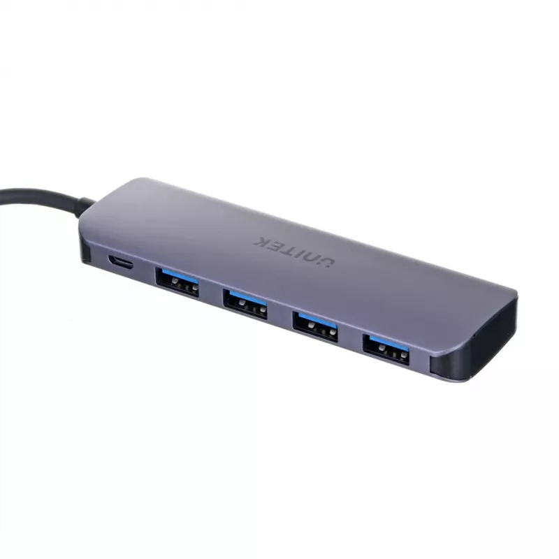 Hub USB Unitek P5+ — 5 porte (4 × USB 3.2 Gen 2 Type-A), host USB 3.2 Gen 1, 5 Gbit/s, 10 W PD, alluminio, grigio