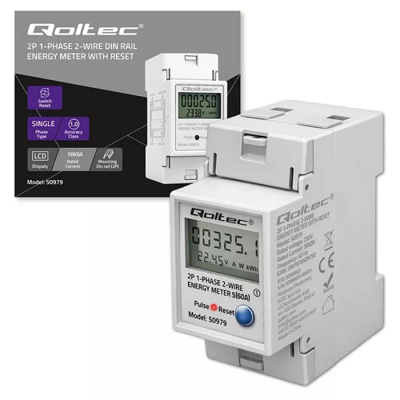Contatore di energia QOLTEC monofase per guida DIN 230V (MPN 50979)