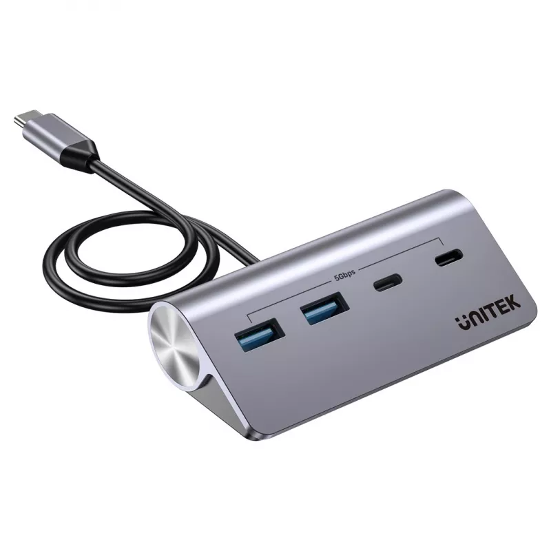 Hub USB Unitek H1337AGY01 – 4 porte (2×USB-C, 2×USB-A), fino a 5 Gbit/s per porta, alluminio, argento