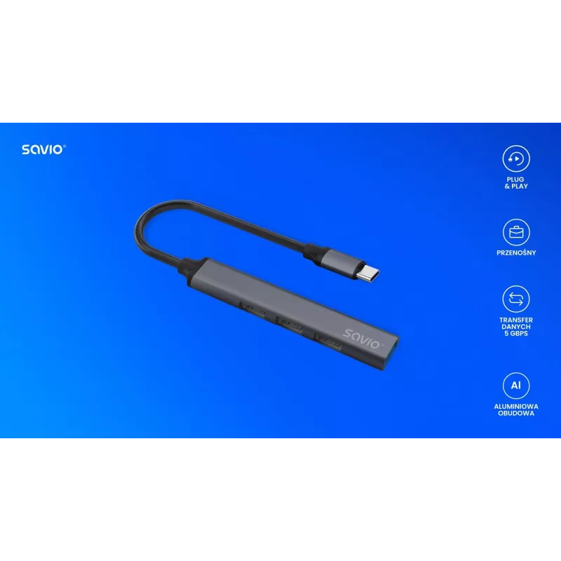 Hub USB 3.0 4 porte SAVIO AK-71 con host USB-C, 5000 Mbit/s, garanzia 2 anni