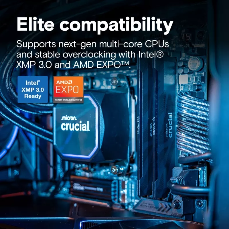 Crucial CP2K16G64C32U5B PRO Gaming OC DIMM Kit, 32GB, DDR5, 6400 Mhz, CL32, nero