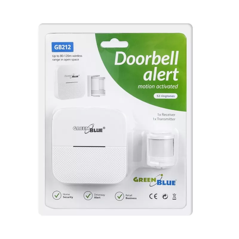 Sirena d'ingresso wireless GreenBlue GB212, rilevatore di movimento, 52 melodie, 230 V, max 8 sensori