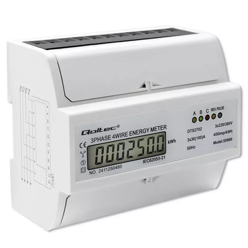 Contatore elettronico bidirezionale trifase Qoltec | Contatore di consumo energetico per guida DIN | 400V | 100A | LCD | 4P