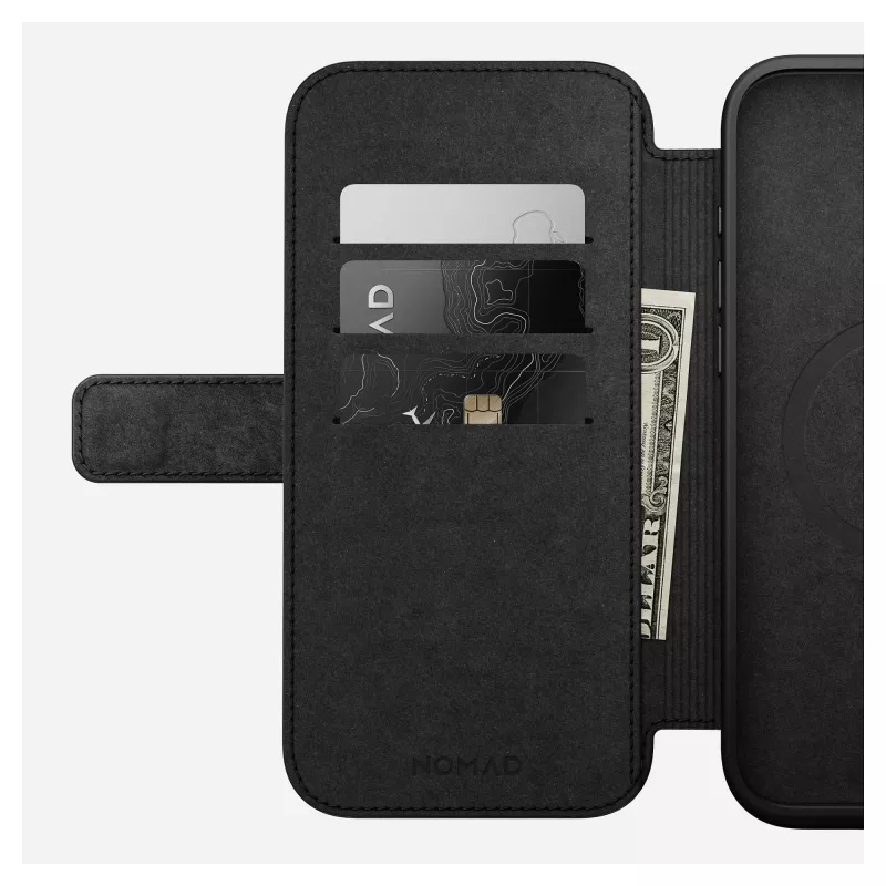 Custodia folio per smartphone Nomad NM01675785 per cellulari Apple, per schermi fino a 17,5 cm (6,9 pollici), nero, 3 scomparti per carte, supporto da tavolo