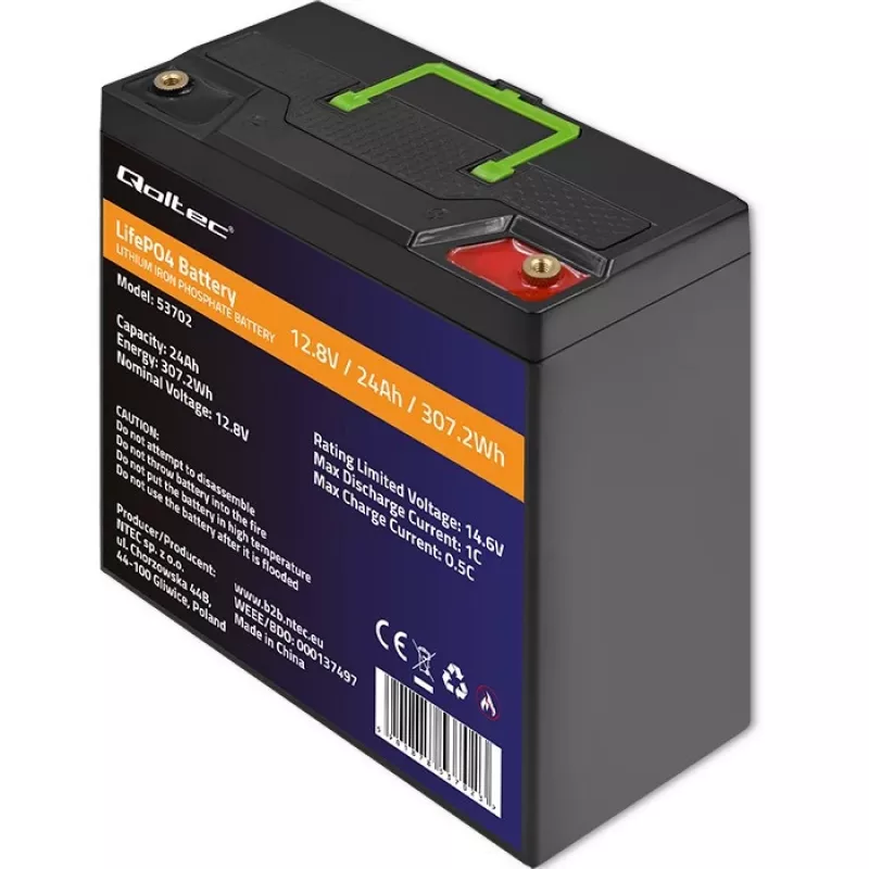 Qoltec 53702 batteria LiFePO4 litio-ferro-fosfato | 12,8V | 24Ah | 307,2Wh | BMS