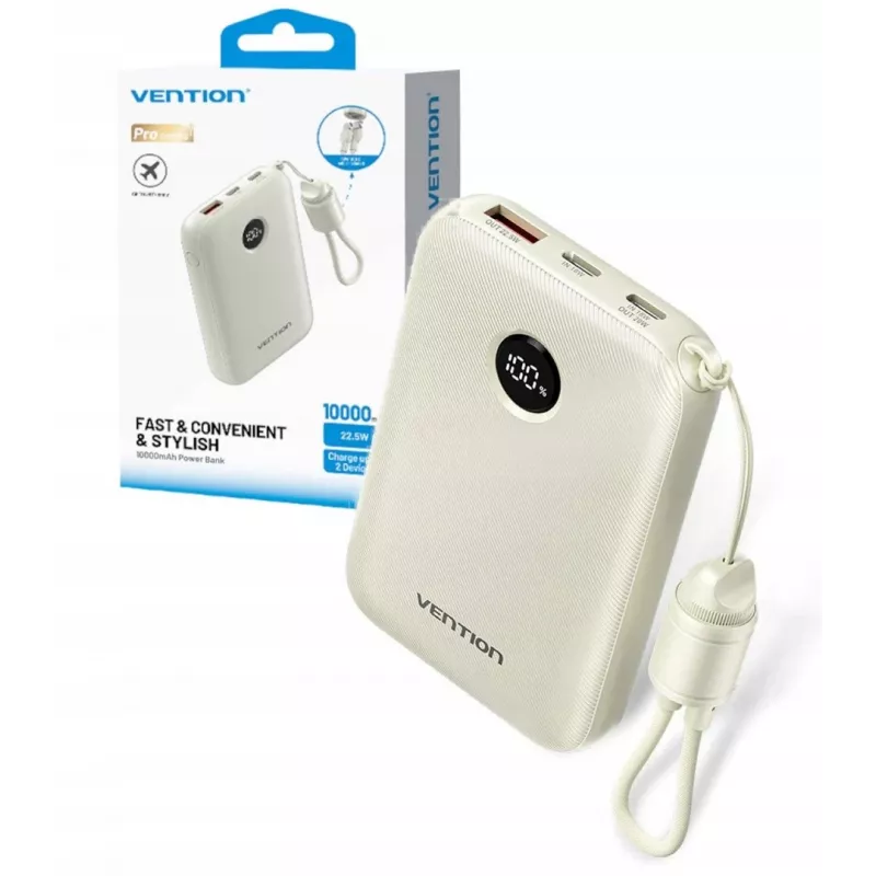 Power bank Vention FKAN0-C 10000 mAh — 2× USB-C, 1× USB-A, 22,5 W, beige