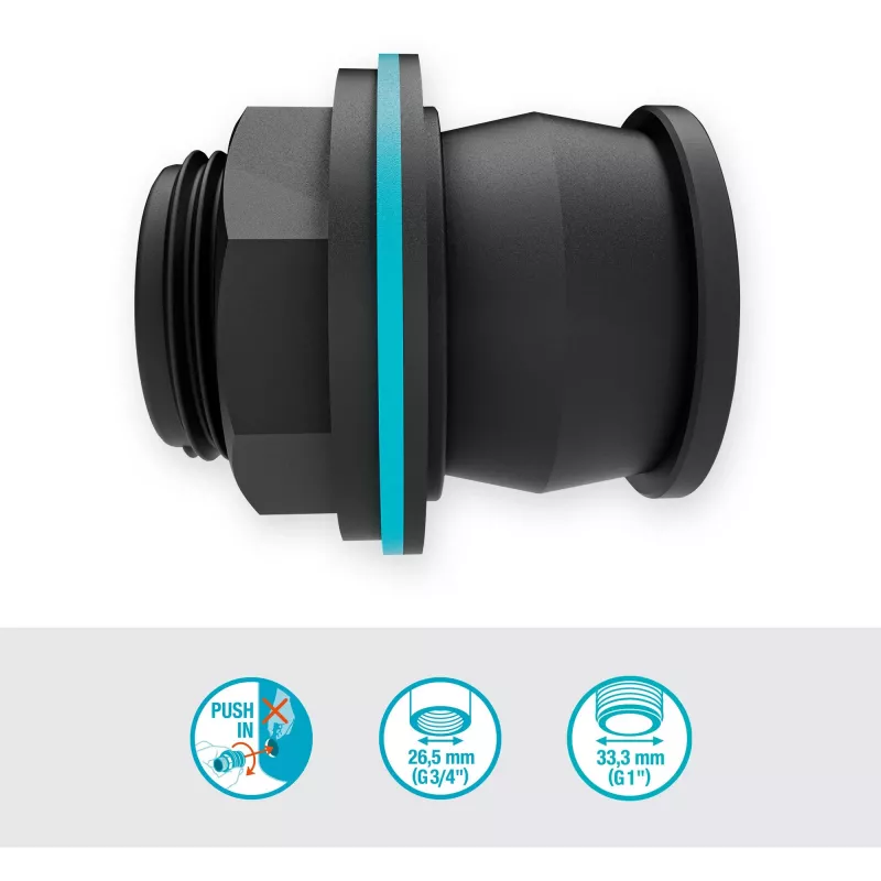 Connettore per serbatoio Push IN, G 1 e G 3/4 (nero, per spessori di parete da 2-10 mm)