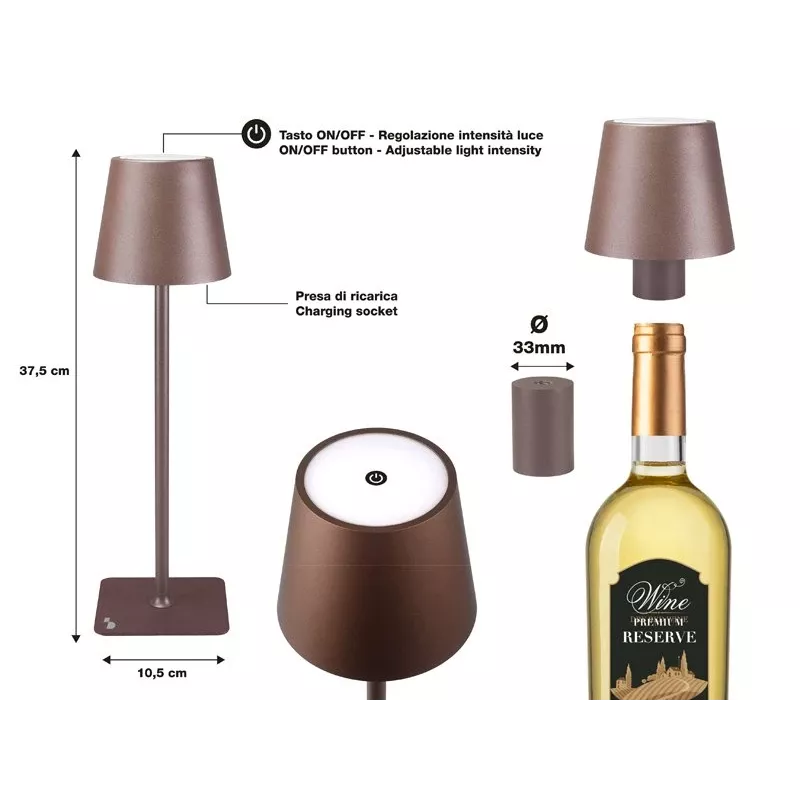 Beper P201UTP113 lampada da tavolo ricaricabile, controllo touch, 2 W, 2000 mAh, acciaio Corten