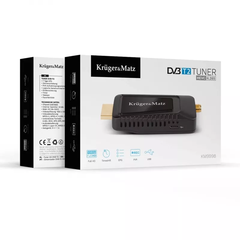Mini tuner DVB-T2 H.265 HEVC KRUGER & MATZ KM9998, 470–862 MHz, 1 tuner, HDMI, USB, 720p
