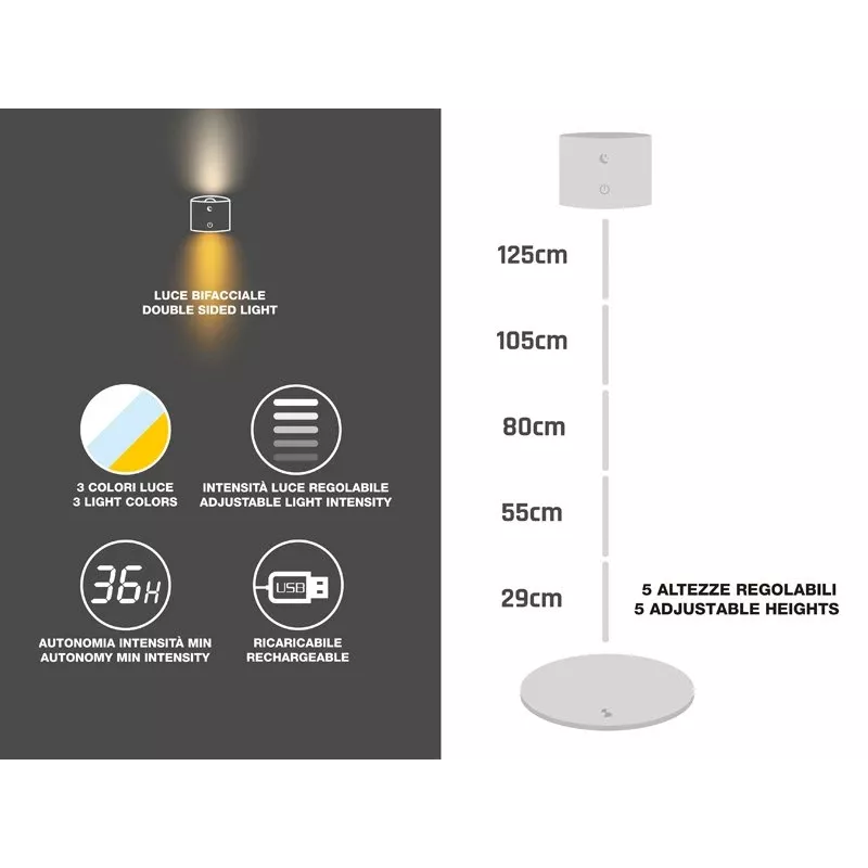 Beper P201UTP305 lampada LED ricaricabile con altezza regolabile, da terra e fissabile a parete, 2,3 W, dimmerabile, bianca