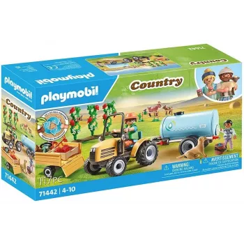 Playmobil 71442 Country: trattore con rimorchio e serbatoio d'acqua – raccolto fresco in fattoria – scoprire l'ambiente giocando – gioco di ruolo fantasioso