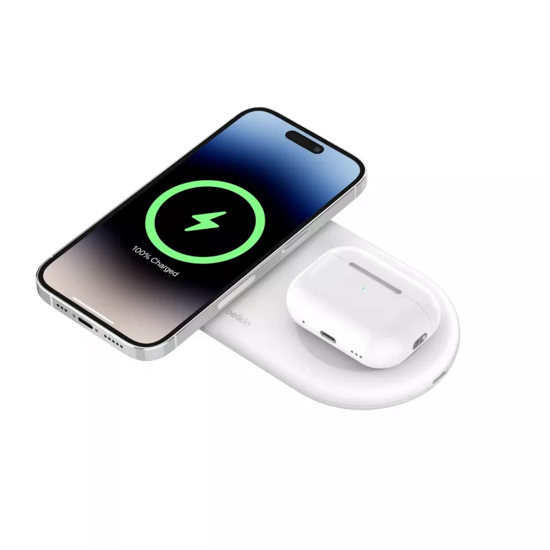 Belkin WIZ021VFWH - base di ricarica wireless 2-in-1 con tecnologia Qi2 15 W, bianco