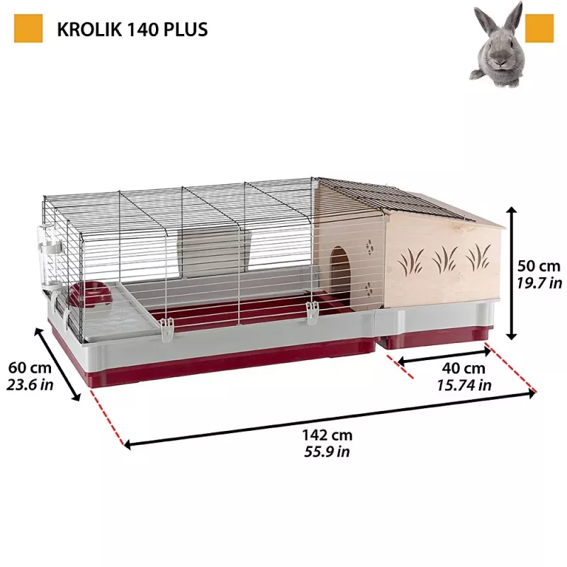 Gabbia Ferplast Krolik 140 Plus per conigli, Grigio/Rosso, L1420×P600×A500 mm, metallo/plastica