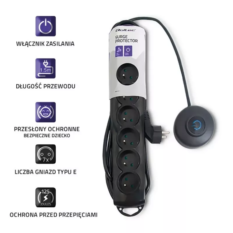 Protezione da sovratensione Qoltec 50171 nero 7 prese AC 230V 1,5m