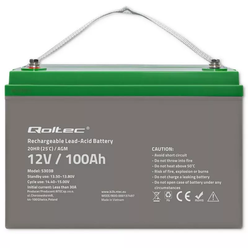 Qoltec 53038 batteria AGM | 12V | 100Ah | max 1200A