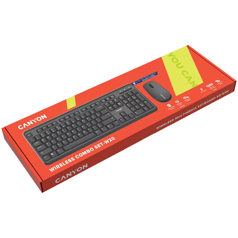 Set tastiera e mouse senza fili CANYON CNS-HSETW02-UK/US nero velvet — set combo wireless compatto con ricevitore USB