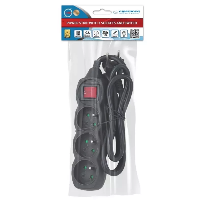 Prolunga elettrica ESPERANZA ELK210K — cavo 1,5 m, 3 prese AC tipo E, spina angolare, interno, nero