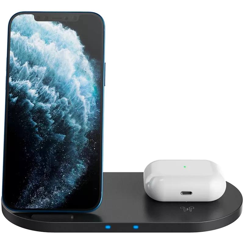 Caricatore docking station wireless 2in1 QI 10W/USB-C/LED nero