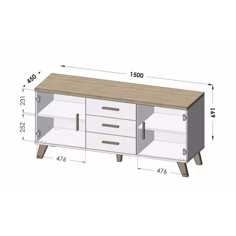 Cama sideboard LOTTA 150 2D3S rovere wotan + nero opaco