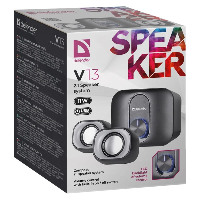 Diffusori desktop 2.1 DEFENDER V13 — 11 W RMS (6 W satelliti, 5 W subwoofer), alimentazione USB, ingresso 3,5 mm, nero