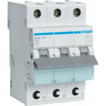 Hager MBS340. Corrente nominale: 40 A. Tipo: curva B, numero moduli (max): 3 moduli. Larghezza: 52,5 mm, profondità: 70 mm, altezza: 83,4 mm (MBS340)