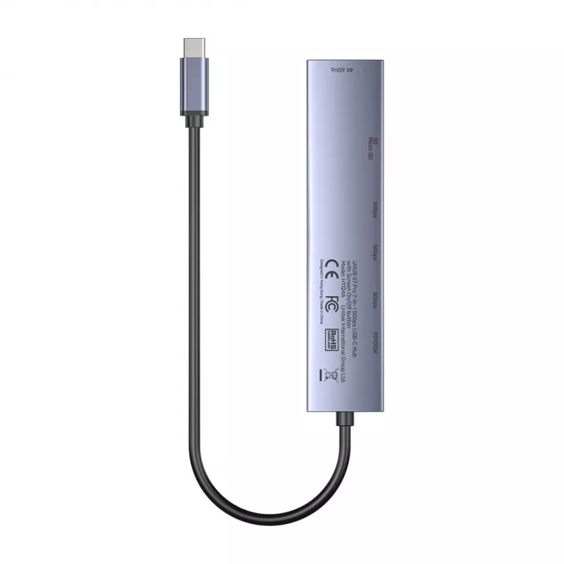 Hub USB-C Unitek H1124AGY01 con 100W PD, HDMI 2.0, 2x USB‑A, 2x USB‑C, lettore schede SD/microSD — alluminio