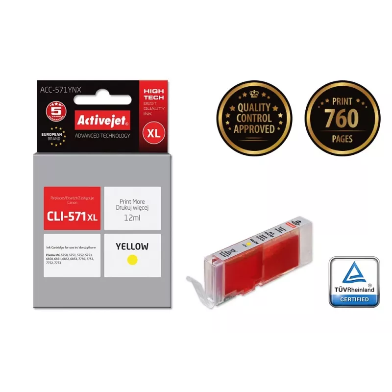 Activejet ACC-571YNX inchiostro (sostituto per Canon CLI-571XLY; Supreme; 12 ml; giallo)