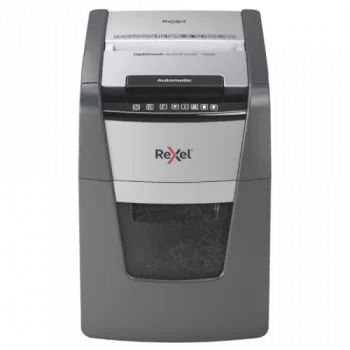 Distruggidocumenti REXEL Optimum AutoFeed+ 100X — alimentazione automatica 100 fogli, taglio incrociato 4 x 28 mm, contenitore di raccolta 34 L, alluminio