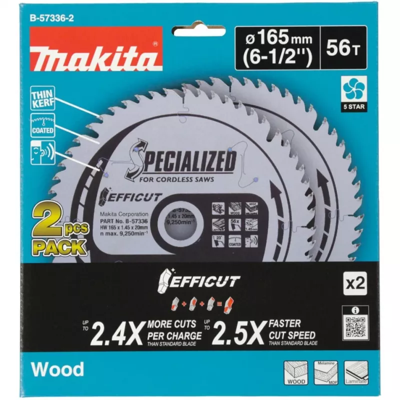 Makita Efficut B-57336-2 lama per sega circolare, 165 x 20 mm, 56 denti, 2 pz.