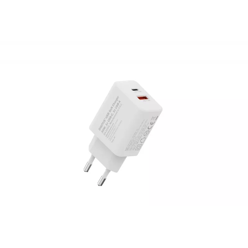 Caricabatterie USB GaN AC da interno DIGITUS DA-10301 — 30W, 1× USB-C, 1× USB-A, 100–240V, bianco