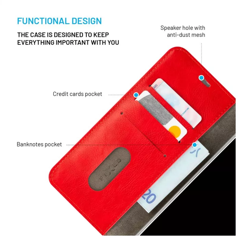 Custodia in pelle FIXED per Samsung Galaxy A36 5G – rossa, protezione frontale e posteriore, fori precisi