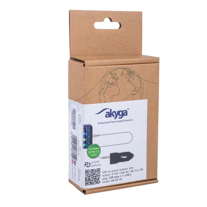 Caricabatterie auto 12/24V Akyga AK-CH-16 36W USB-A + USB-C PD Quick Charge 3.0 5-12V / 1,5-3A nero