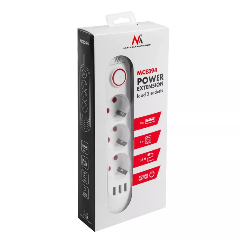 Ciabatta MACLEAN MCE394W — 3 prese, 3×USB 2,1A, 110–240V AC, 2500W, cavo 1,5 m, bianco