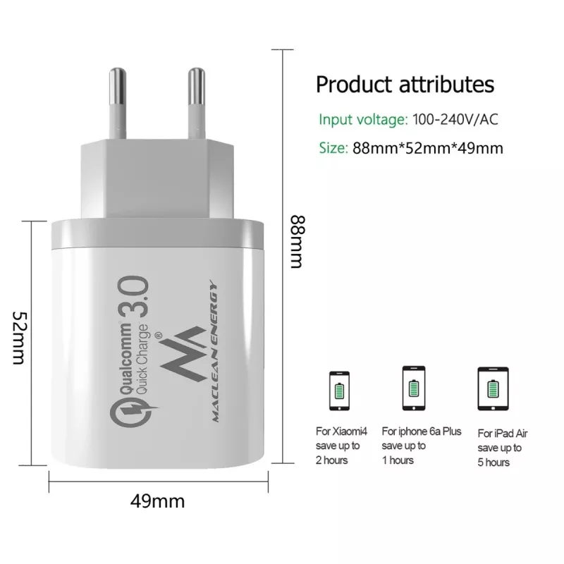 Caricabatterie da parete MACLEAN MCE479W — caricabatterie rapido USB 3 porte, potenza totale 18W