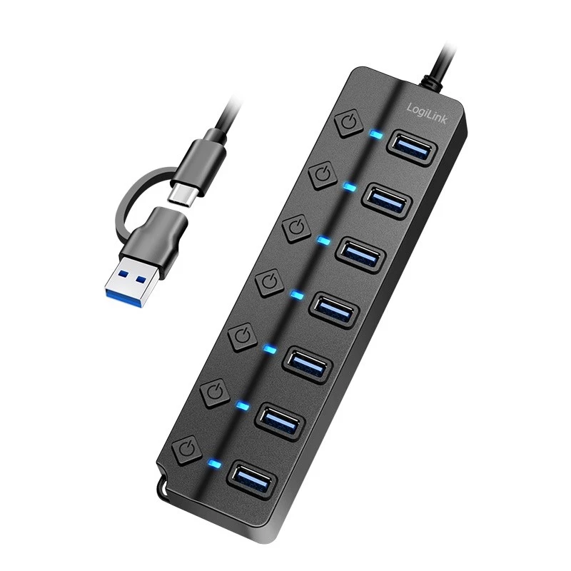 Hub USB 3.2 Gen 1, 7 porte con interruttore on/off, nero