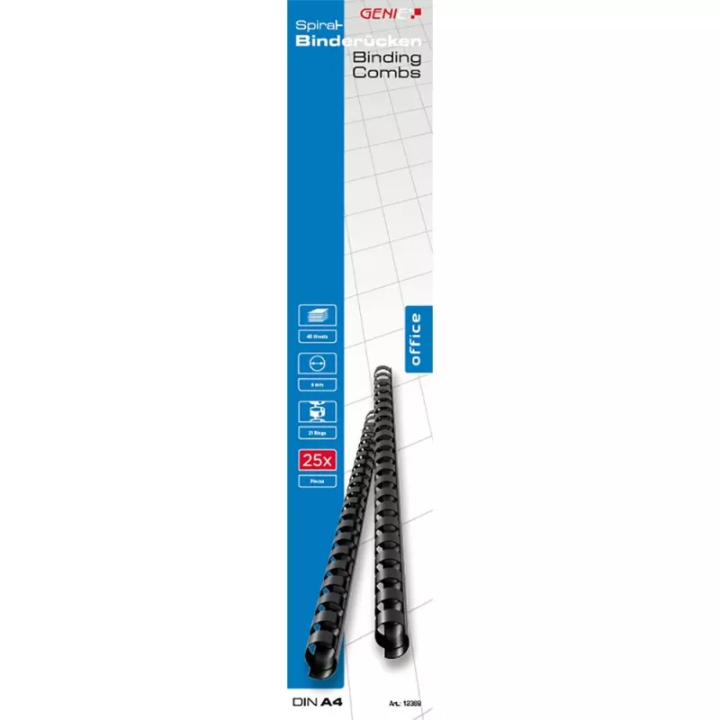 Genie 12369 - Dorso per rilegatura - nero - 45 fogli - plastica - 8 mm - 80 mm