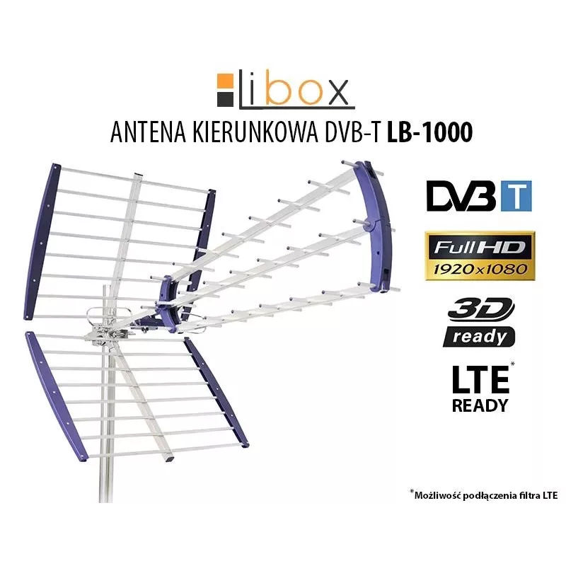 Antenna TV da interno/esterno LIBOX LB-1000, direzionale DVB-T/T2, guadagno 16,5 dBi, 600×1050×800 mm, alluminio