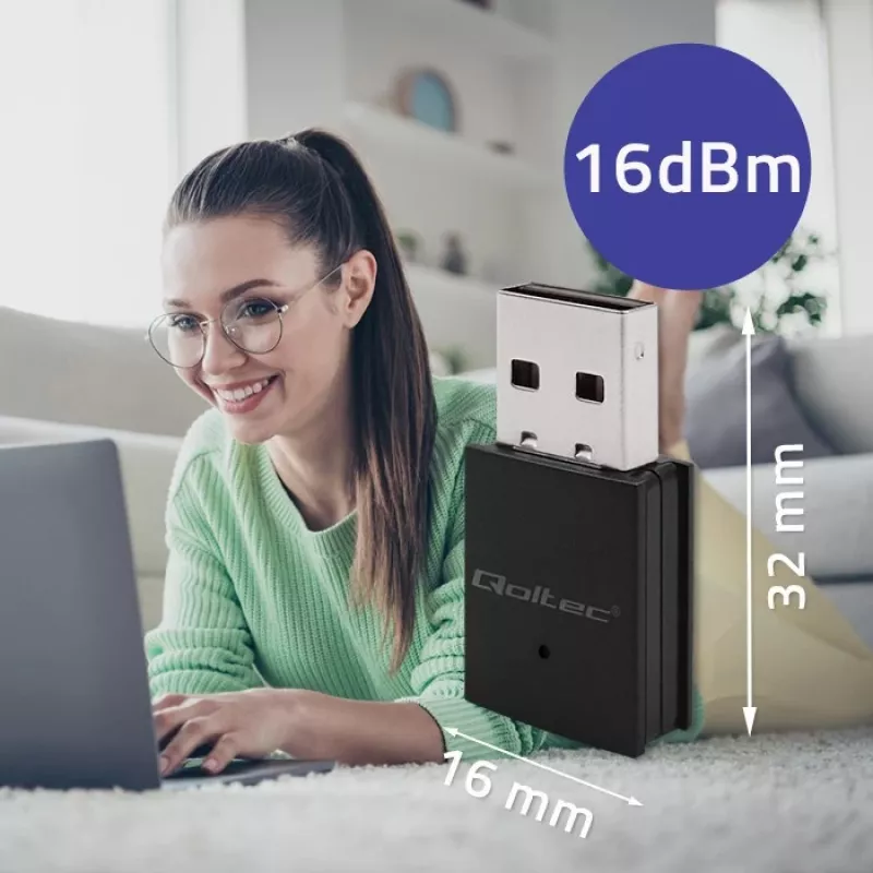 Adattatore mini USB Wi-Fi wireless compatto QOLTEC 57007 – Single-Band 2,4 GHz, fino a 150 Mbit/s, antenna interna