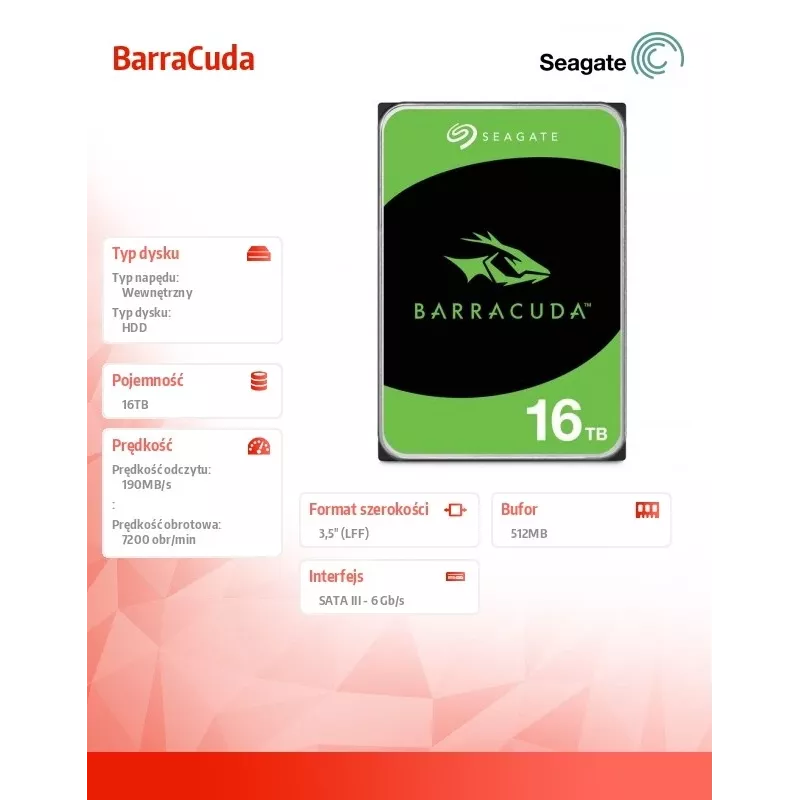 Disco fisso interno Seagate Barracuda 16TB 7200 RPM 512 MB 3.5 pollici Serial ATA