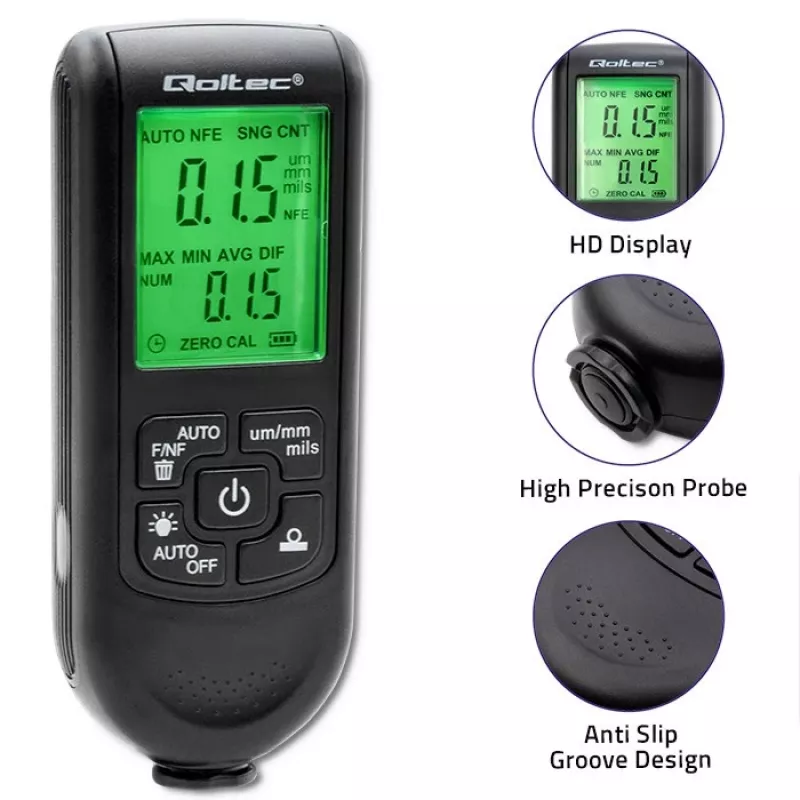 Misuratore di spessore della vernice Qoltec con display LCD | 0~2000 µm