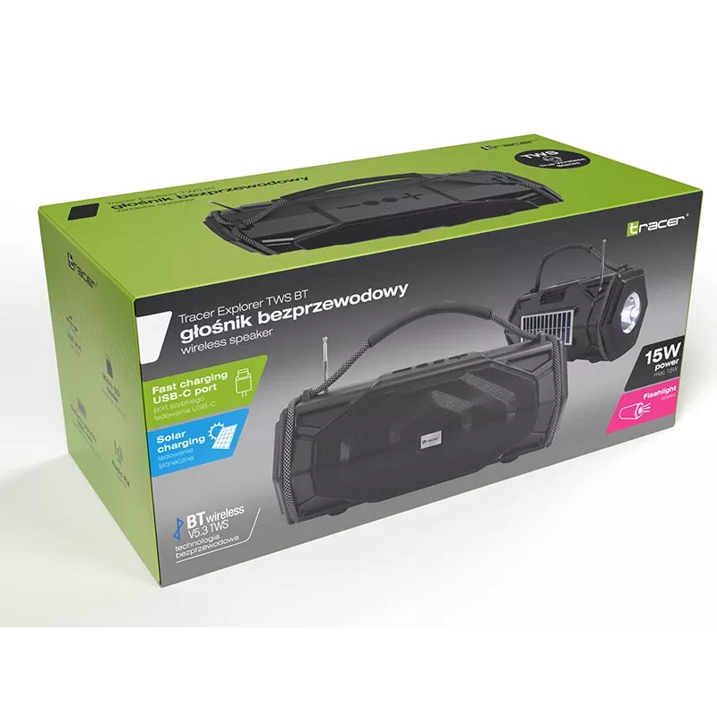 Tracer Explorer TRAGLO47616 speaker Bluetooth portatile, TWS, Bluetooth 5.3, 15 W RMS, radio FM, torcia, pannello solare, power bank da 1800 mAh, microSD, nero