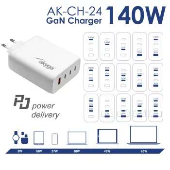 Caricabatterie USB GaN Akyga AK-CH-24 140 W, 3 x USB-C PD + USB-A, bianco
