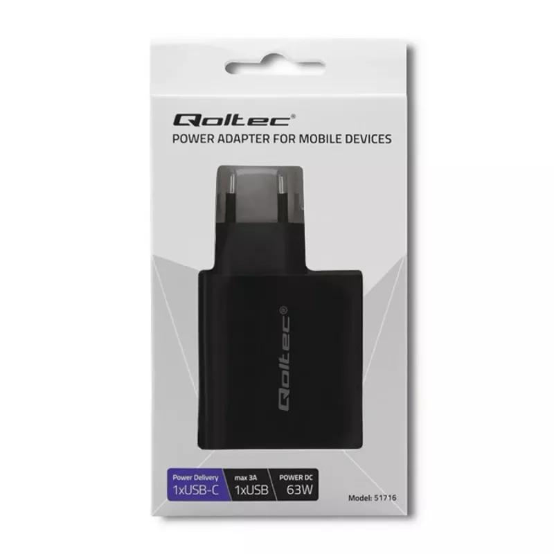 Qoltec 51716 caricabatterie da parete 63 W, USB-C PD + USB QC 3.0, 5-20 V 1,5-3 A, nero