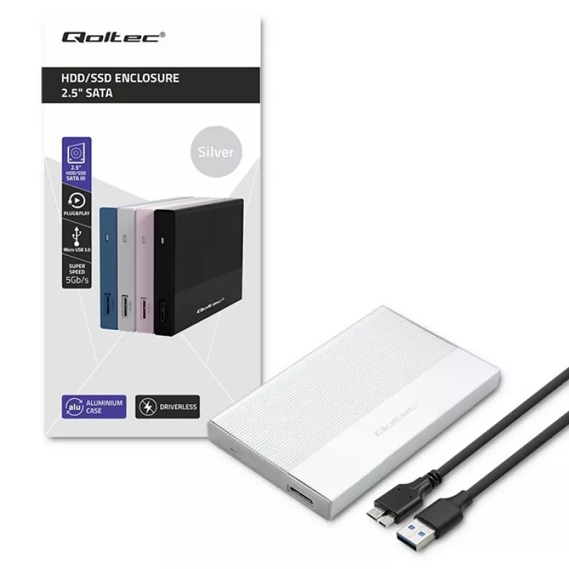 Case per SSD/HDD SATA 2,5 pollici QOLTEC 52278 USB 3.0, supporta fino a 2 TB