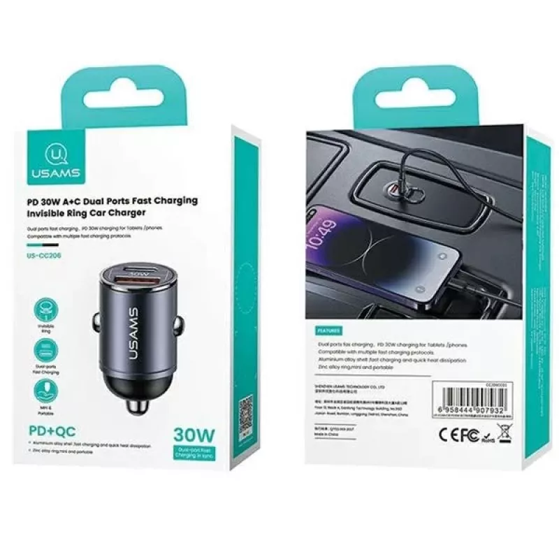 Caricabatterie da auto usams C38 30W — 1x USB-A + 1x USB-C ricarica rapida