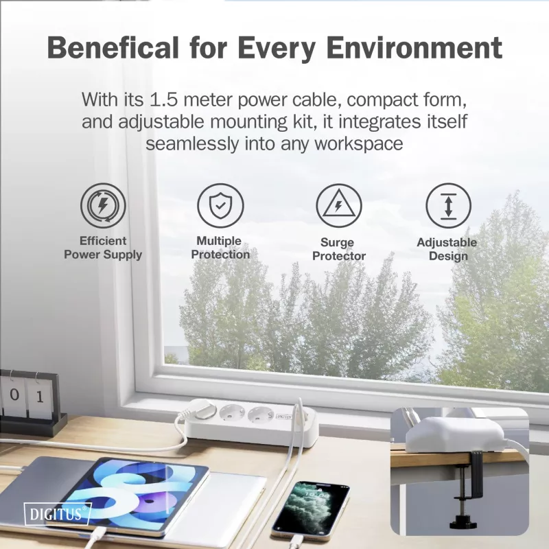 Ciabatta DIGITUS 3 prese con 2×USB-A e 1×USB-C, 3 prese AC tipo E/F, cavo 1,5 m, bianco