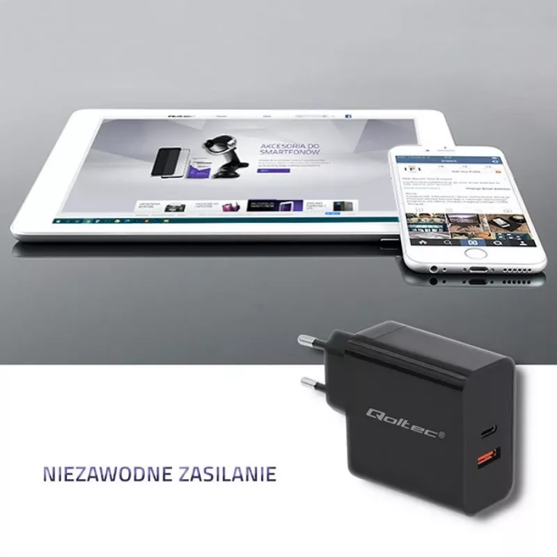 Qoltec 51716 caricabatterie da parete 63 W, USB-C PD + USB QC 3.0, 5-20 V 1,5-3 A, nero