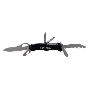Coltello tascabile AZYMUT HK20018 — multitool completo, 9 funzioni, acciaio inox 420J2/3CR13, chiuso 11 cm, 146 g, custodia in pelle, portachiavi